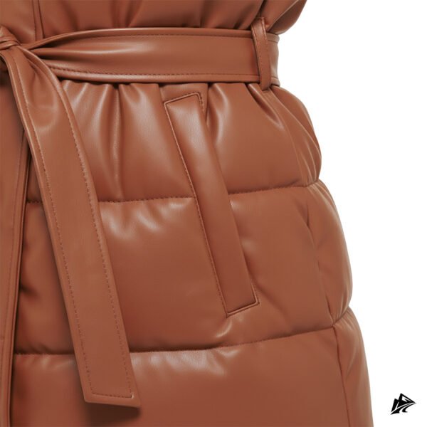 Women's Cognac Brown Belted Leather Puffer Vest, the leather