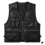 Men's Black Leather Biker Vest with Zipper Pockets