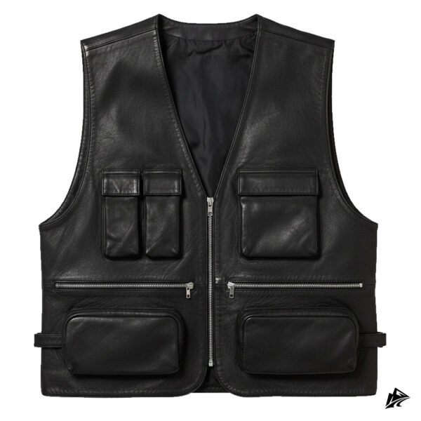 Men's Black Leather Biker Vest with Zipper Pockets