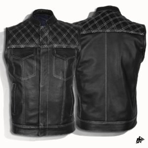 Black Leather Vest With White Diamond Stitching