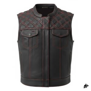 Black biker leather vest red stitched