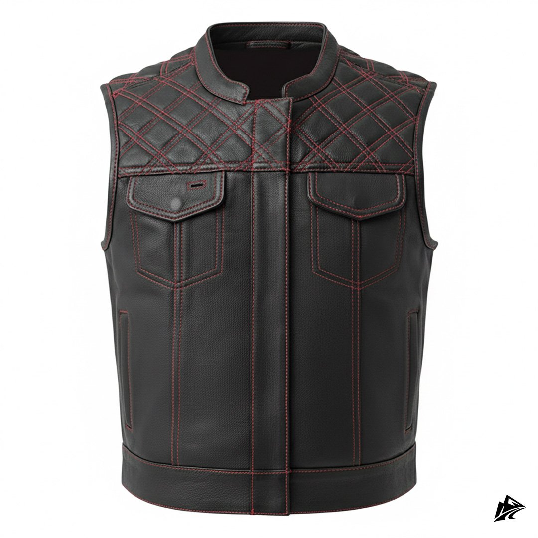 Black biker leather vest red stitched Black biker leather vest red stitched