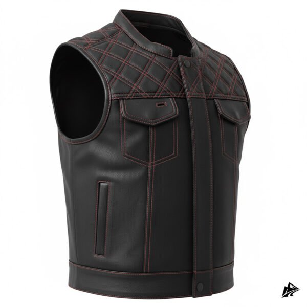 Quilted Yoke Leather Motorcycle Vest, collar