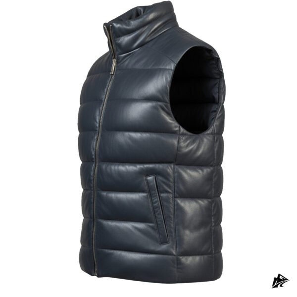 Men’s Blue Leather Puffer Vest With Side Pockets, pockets