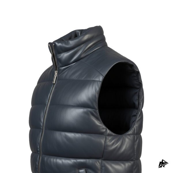 Men’s Blue Leather Puffer Vest With Side Pockets, closure