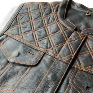 Brown Stitching Black Leather biker vest