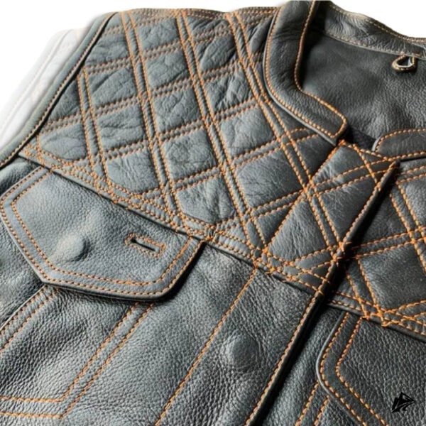Black Quilted Biker Leather Vest for Men, collar
