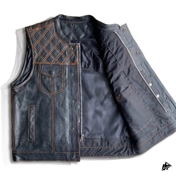 Black Quilted Biker Leather Vest for Men, pockets