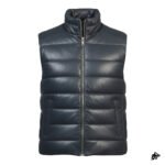 Men’s Blue Leather Puffer Vest With Side Pockets