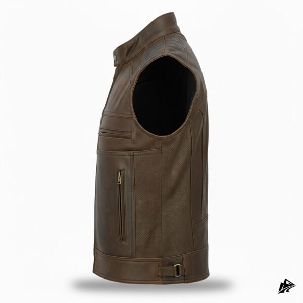 Distressed Brown Leather Vest for Riders, collar