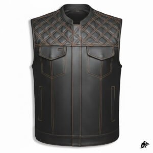 Men black leather vest brown stitched