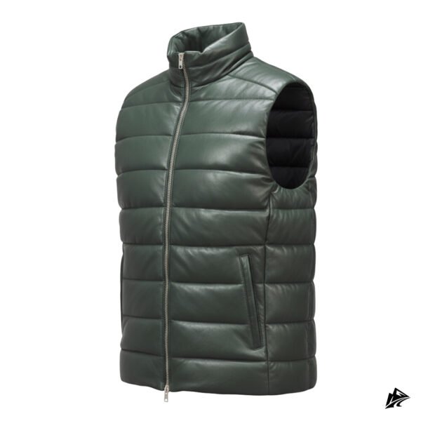Men’s Olive Green Quilted Leather Puffer Vest, collar