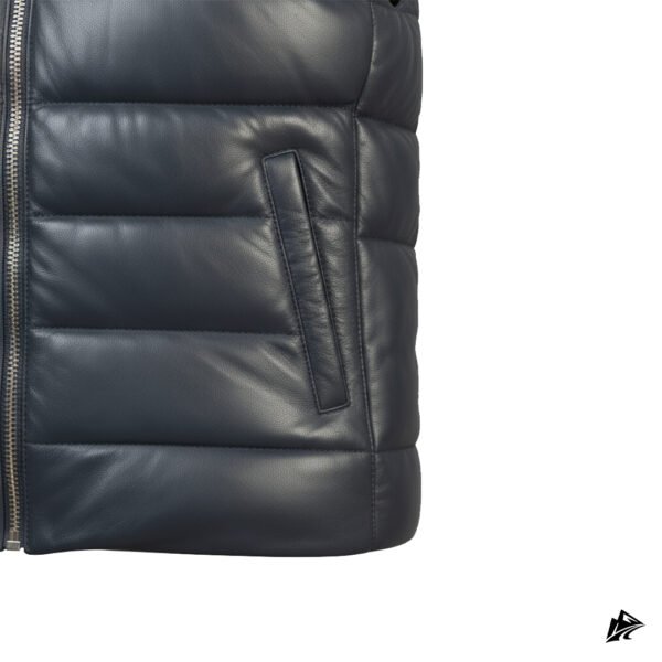 Men’s Blue Leather Puffer Vest With Side Pockets, the leather