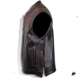 Red stitching black leather vest form men side