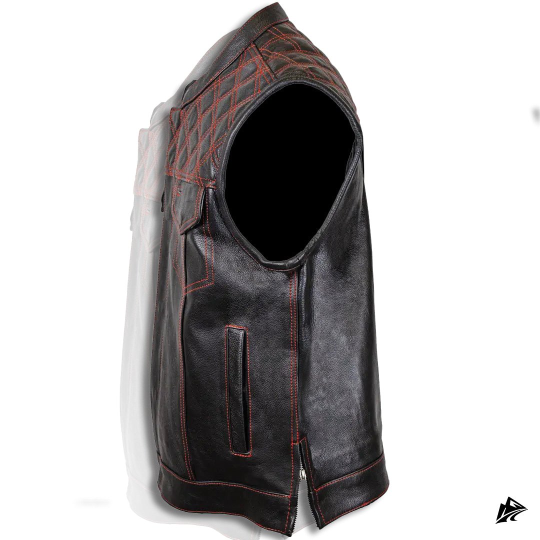 Red stitching black leather vest form men side Red stitching black leather vest form men side