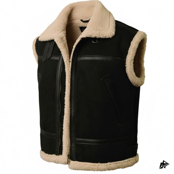Black Shearling Suede Leather Motorcycle Vest, collar