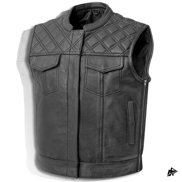 Black Quilted Yoke Side Zip Motorcycle Vest, collar