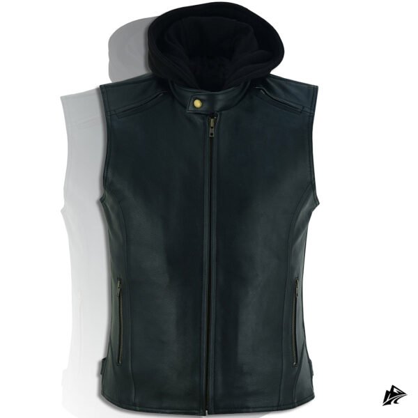 Black Leather Vest with Removable Hoodie
