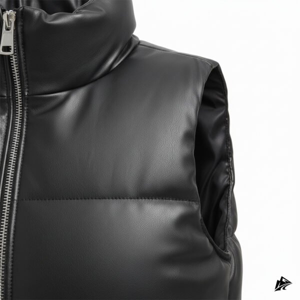 Black Quilted Leather Puffer Vest for Women, collar