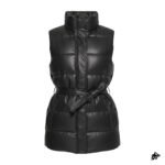 Women’s Black Belted Leather Puffer Vest with Pockets