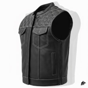 black leather vest white stitched diamond patern