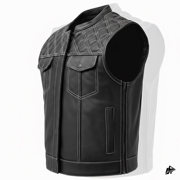 White‑Stitched Diamond Pattern on Black Leather Vest, pockets