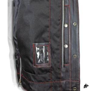 black leather vest with red stitching inner view_