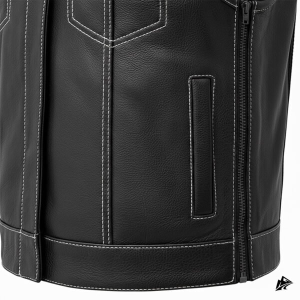 White‑Stitched Diamond Pattern on Black Leather Vest, closure