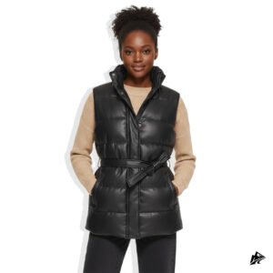 black long leather puffer vest for women