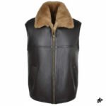 Black Leather Motorcycle Vest with Shearling Collar