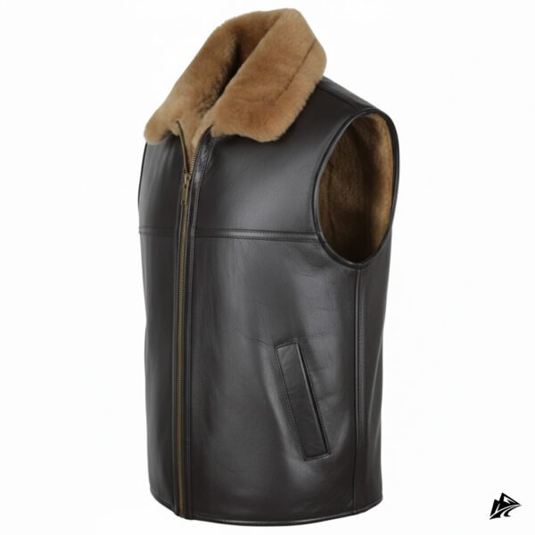 Black Leather Motorcycle Vest with Shearling Collar, pockets
