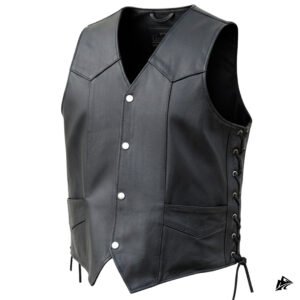 black v neck leather vest with straps