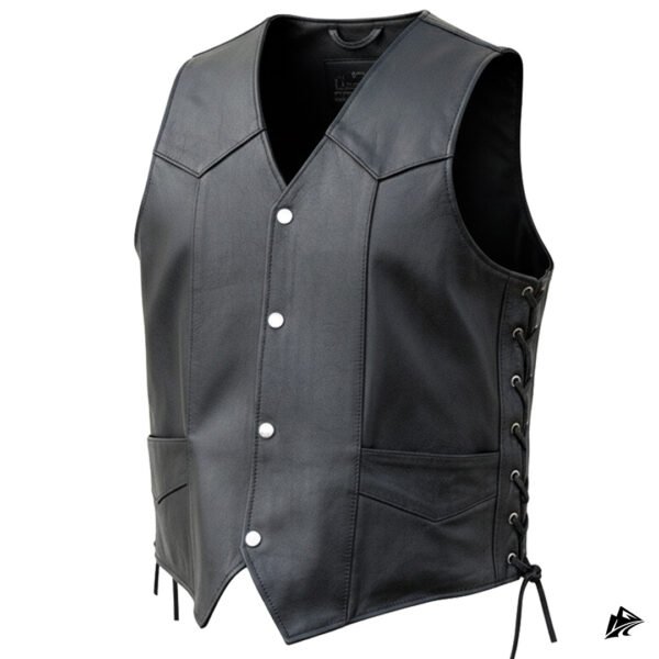 Adjustable Side Lace Leather Biker Vest for Men, pockets