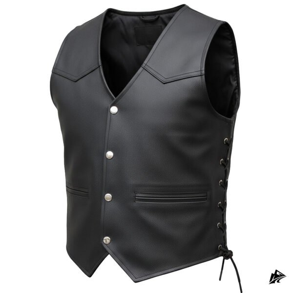 Men's Premium Black Leather Vest with Side Laces, collar