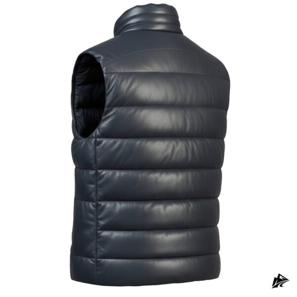 Men’s Blue Leather Puffer Vest With Side Pockets, collar
