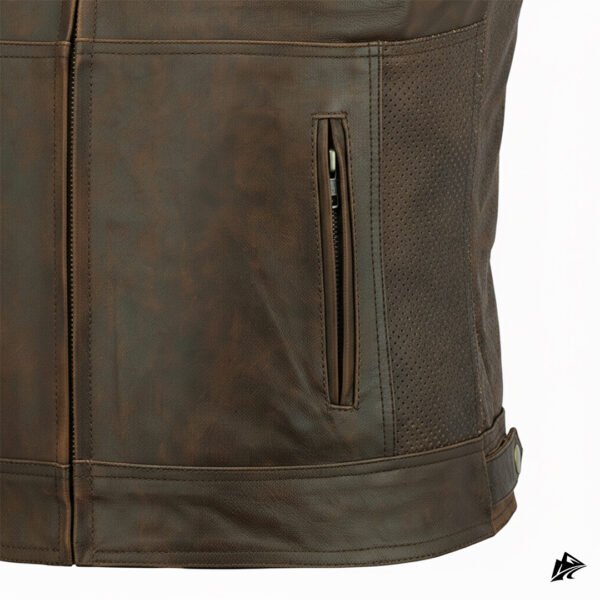 Distressed Brown Leather Vest for Riders, closure