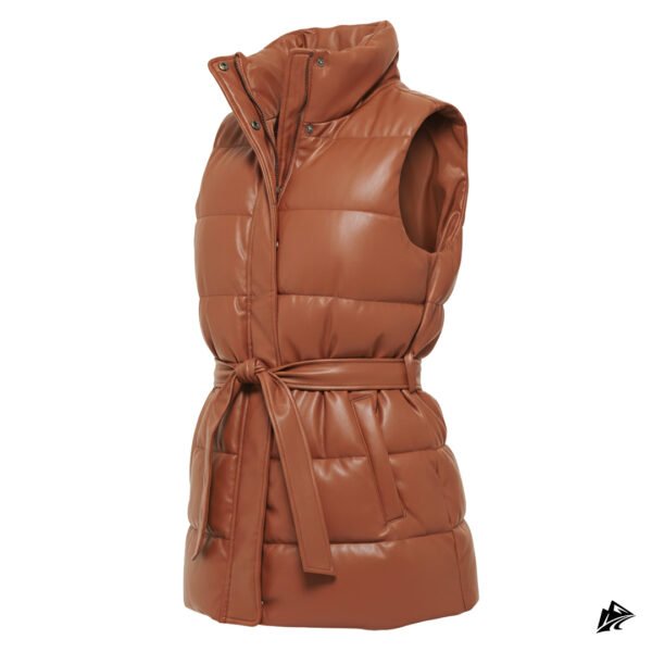 Women's Cognac Brown Belted Leather Puffer Vest, collar