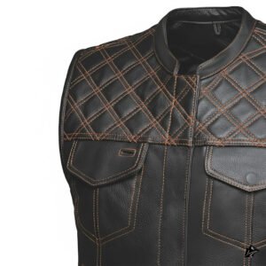 brown stitched black leather vest for men