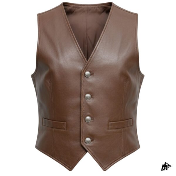Women's Brown Western Leather Vest with Button Closure