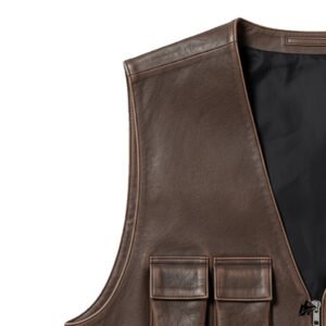 brown zipper biker leather vest