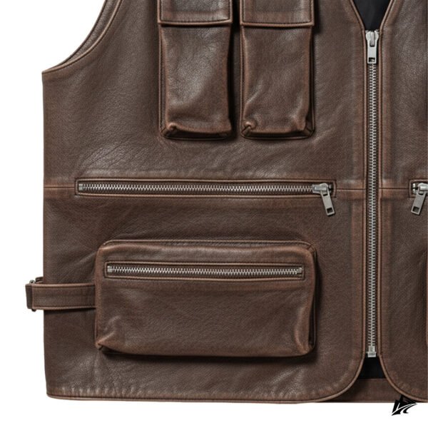 Men's Brown Leather Biker Vest with Zipper Pockets, pockets