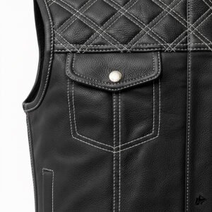 diamond patern with white stitching on black leather vest