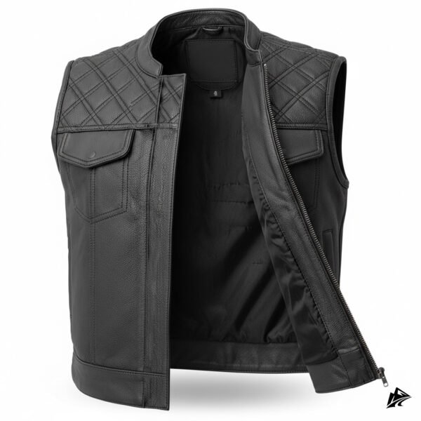Black Quilted Yoke Side Zip Motorcycle Vest, the leather
