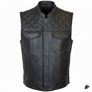 diamond stitching black leather vest for men