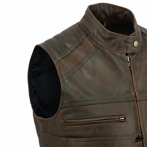 Distressed Brown Leather Vest for Riders, pockets