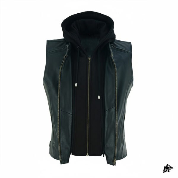 Black Leather Vest with Removable Hoodie, the leather