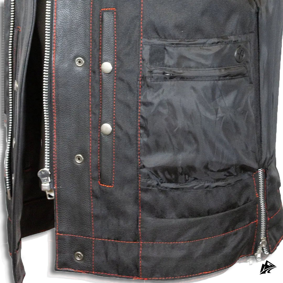 inner view of black leather vest inner view of black leather vest