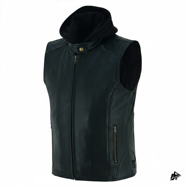 Black Leather Vest with Removable Hoodie, closure