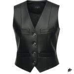 Women's Premium Black Leather Biker Vest with Button Closure