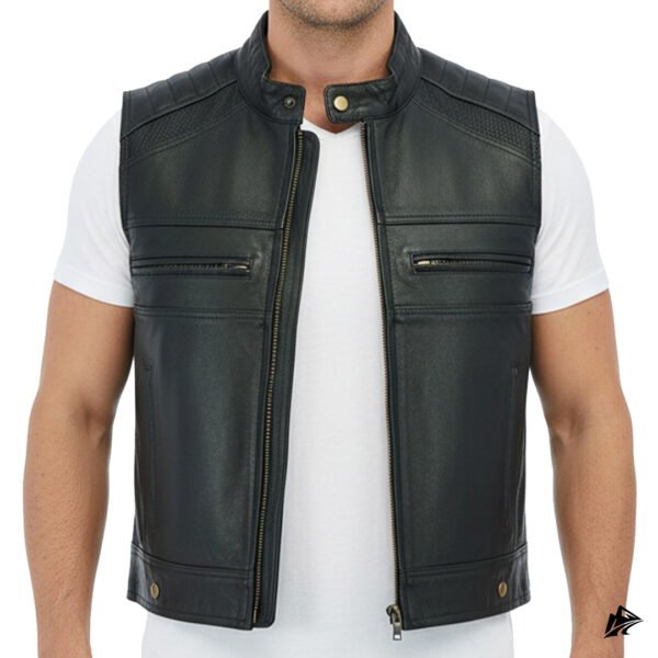 Premium Black Leather Biker Vest with Padded Shoulders, pockets